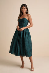 Analeia Dark Teal Jacquard Lace-Up Strapless Midi Dress