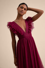 Simply Delighted Burgundy Mesh Ruffled Backless Maxi Dress