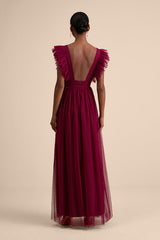 Simply Delighted Burgundy Mesh Ruffled Backless Maxi Dress