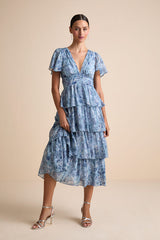 Nalia Blue Abstract Print Tiered Tie-Back Midi Dress