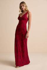 Minnie Red Satin Jacquard Asymmetrical Maxi Dress