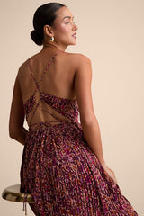 Kit Plum Multi Floral Pleated Lace-Up Maxi Dress