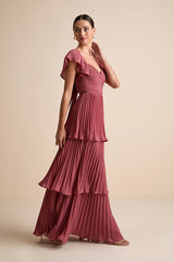 Notorious Charm Rusty Rose Pleated Flutter Sleeve Maxi Dress