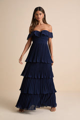 Always Remarkable Navy Pleated Off-the-Shoulder Maxi Dress