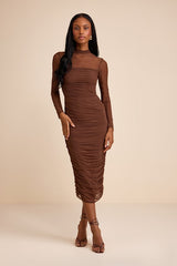 Impressive Flirt Brown Mesh Ruched Mock Neck Midi Dress