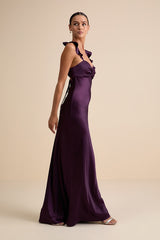 Exuberant Luxury Plum Purple Satin Ruffled Lace-Up Maxi Dress