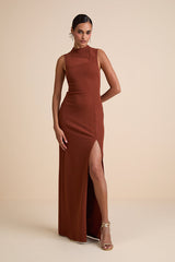 Irresistibly Modern Rust Brown Mesh Mock Neck Maxi Dress