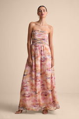 Mykala Light Pink Abstract Pleated Strapless Maxi Dress