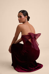 Mesmerizing Elegance Red Velvet Back Bow Maxi Dress