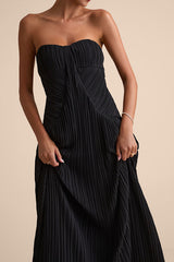 Narasha Black Pleated Strapless Maxi Dress