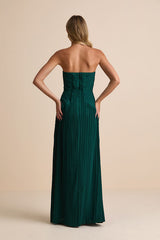 Narasha Emerald Green Pleated Strapless Maxi Dress
