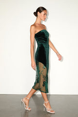Feeling So Luxe Emerald Velvet Mesh Sequin Strapless Midi Dress
