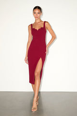 Fabulous Desires Wine Red Scalloped Bodycon Midi Dress