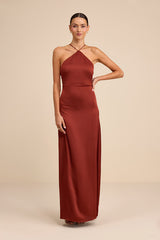Nisrine Rust Red Satin Lace-Up Halter Maxi Dress
