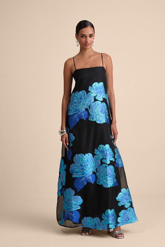 Yavanna Black and Blue Floral Jacquard Shift Maxi Dress