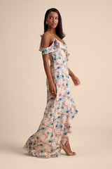 Venecia Blush Floral Ruffled Asymmetrical Maxi Dress