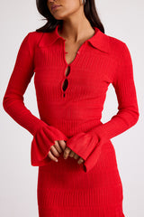 Coralee Red Textured Collared Ruffled Sweater Mini Dress