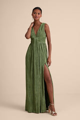 Melitta Olive Green Plisse Sash Maxi Dress