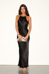 Ishika Black Satin Backless Slip Maxi Dress