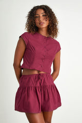 Melicia Burgundy Drawstring Tiered Mini Skirt