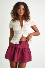 Melicia Burgundy Drawstring Tiered Mini Skirt