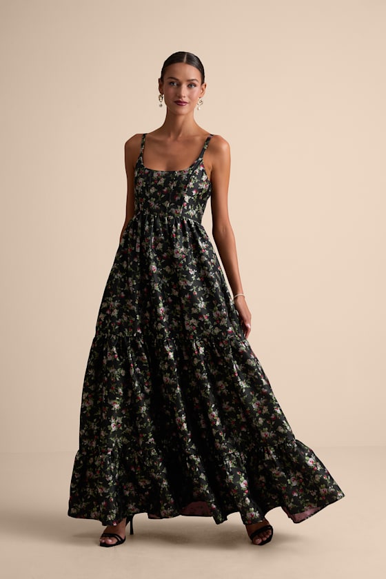 Avalie Black Floral Tiered Bustier Maxi Dress