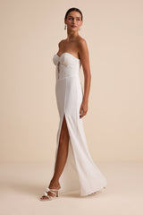 Pruitt White Lace Cutout Strapless Bustier Maxi Dress