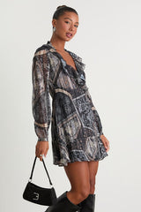 Claire Dark Navy Boho Print Wrap Mini Dress