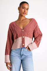 Convincingly Cozy Rusty Rose and Pink Cable Knit Boucle Cardigan