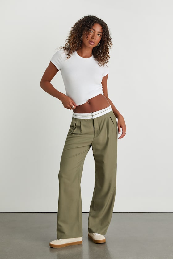 Refined Mood Olive and White Straight Leg Trouser Pants