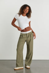 Refined Mood Olive and White Straight Leg Trouser Pants