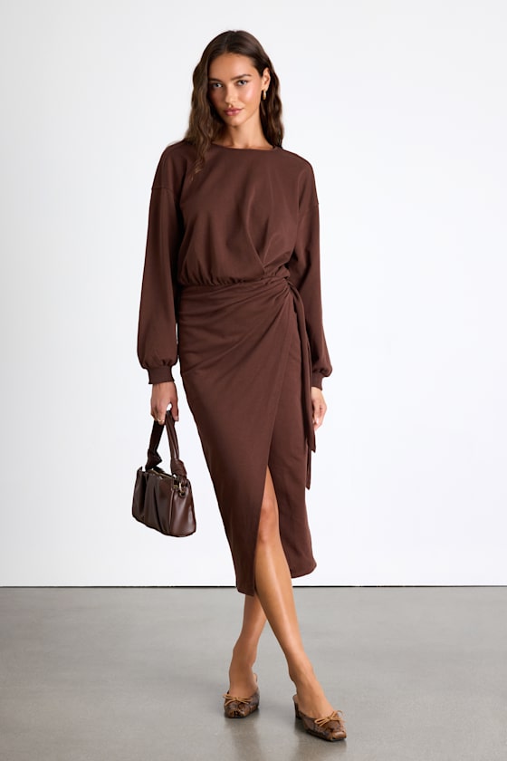 Eunia Brown Jersey Knit Long Sleeve Wrap Midi Dress