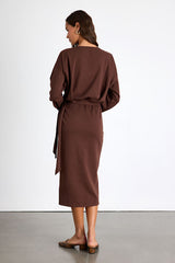 Eunia Brown Jersey Knit Long Sleeve Wrap Midi Dress