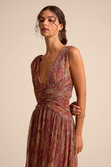 Evaluna Rust Abstract Print Lurex Pleated Maxi Dress