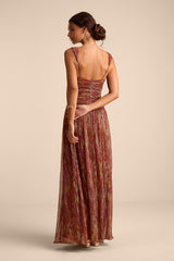 Evaluna Rust Abstract Print Lurex Pleated Maxi Dress