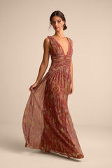 Evaluna Rust Abstract Print Lurex Pleated Maxi Dress