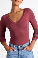 Clean Look Berry Red V-Neck Long Sleeve Bodysuit