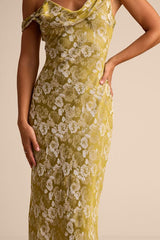 Cavani Chartreuse Floral Satin Asymmetrical Maxi Dress