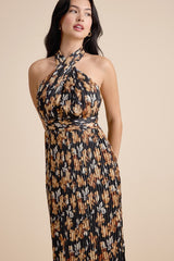 Gardena Black Floral Pleated Cross-Front Halter Midi Dress