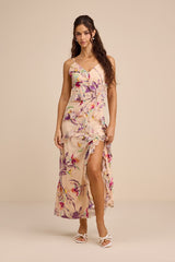 Neline Beige Multi Abstract Ruffled Maxi Dress