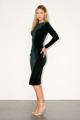 Va Va Voom Dark Green Velvet Backless Long Sleeve Midi Dress