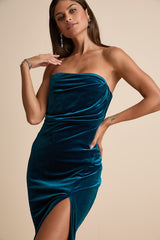 Perfectly Captivating Dark Teal Velvet Strapless Maxi Dress