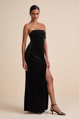 Perfectly Captivating Black Velvet Strapless Maxi Dress