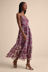 Feeling Like Forever Plum Jacquard Organza Lace-Up Midi Dress