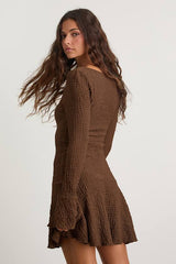 Radleigh Brown Textured Long Sleeve Drop Waist Mini Dress