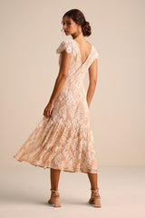 Rohanna Ivory and Blush Lace Short Sleeve Tiered Midi Dress
