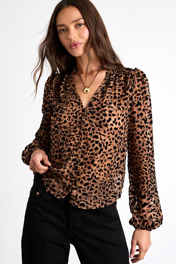 Harielle Brown Leopard Print Burnout Velvet Long Sleeve Blouse