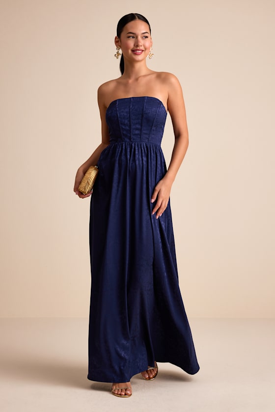 Venita Navy Floral Jacquard Satin Bustier Maxi Dress