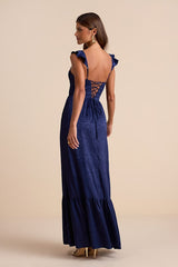 Arlaith Navy Jacquard Lace-Up Corset Maxi Dress