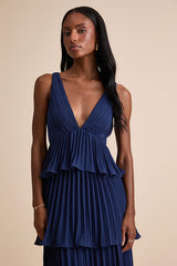 Mesmerizing Essence Navy Pleated Backless Tiered Maxi Dress